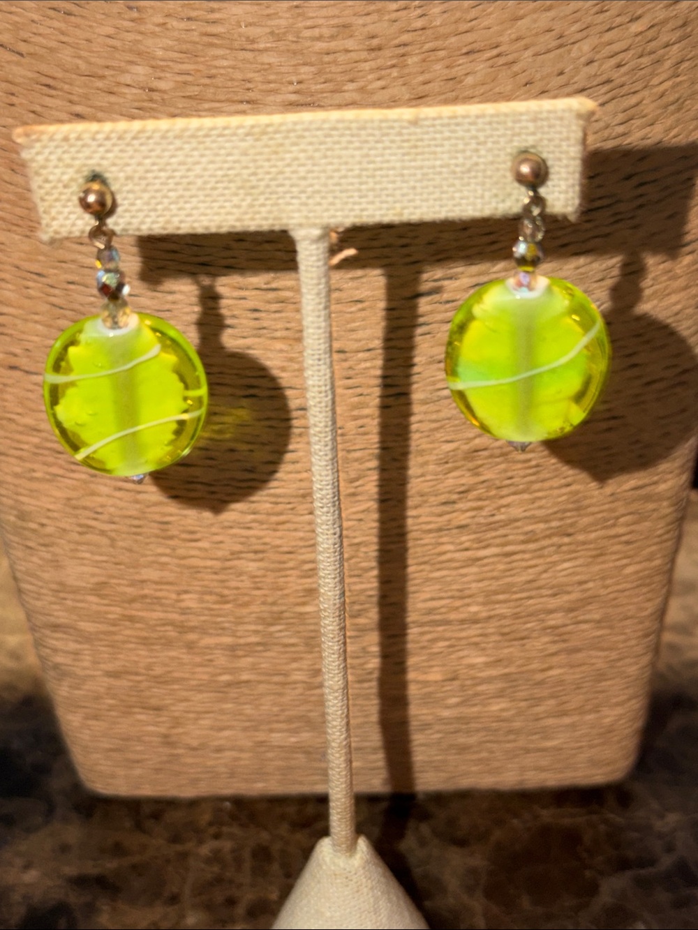 Neon Lime Glass beads Disc Drop Earrings artisan made post style pierced earring